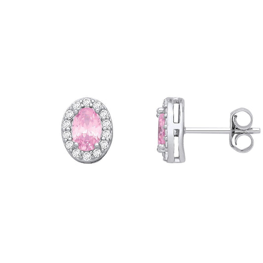 Silver  Pink Oval CZ Oval Halo Royal Cluster Stud Earrings - EAG1334PINK