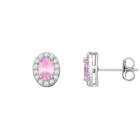 Sterling Silver CZ Oval CZ & Pink Halo Stud Earrings - EAG1334PINK