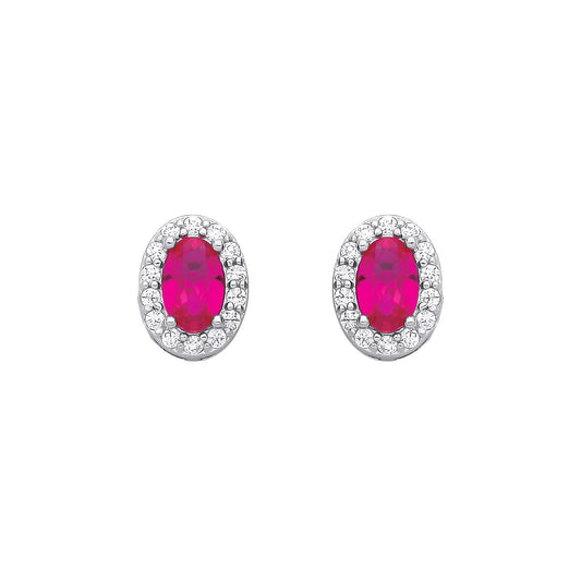 Sterling Silver CZ Oval CZ & Ruby Halo Stud Earrings - EAG1334RU