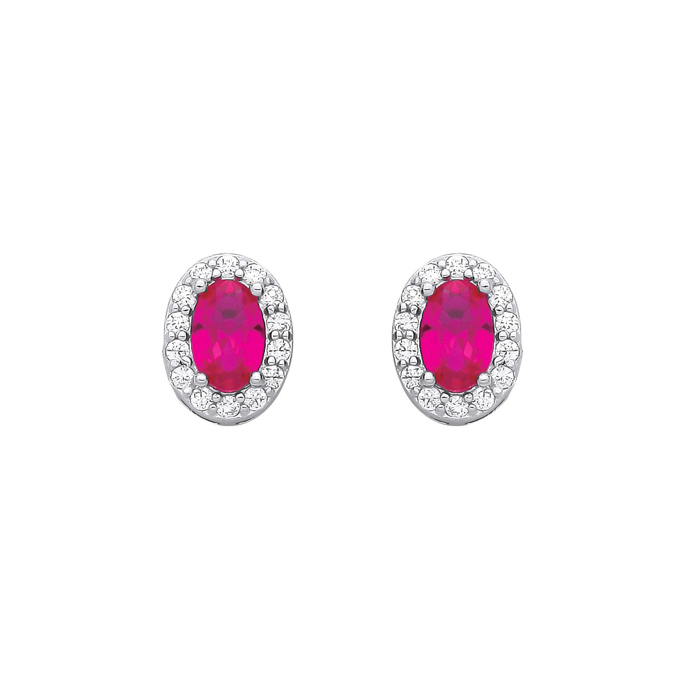 Sterling Silver CZ Oval CZ & Ruby Halo Stud Earrings - EAG1334RU