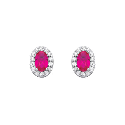 Sterling Silver CZ Oval CZ & Ruby Halo Stud Earrings - EAG1334RU