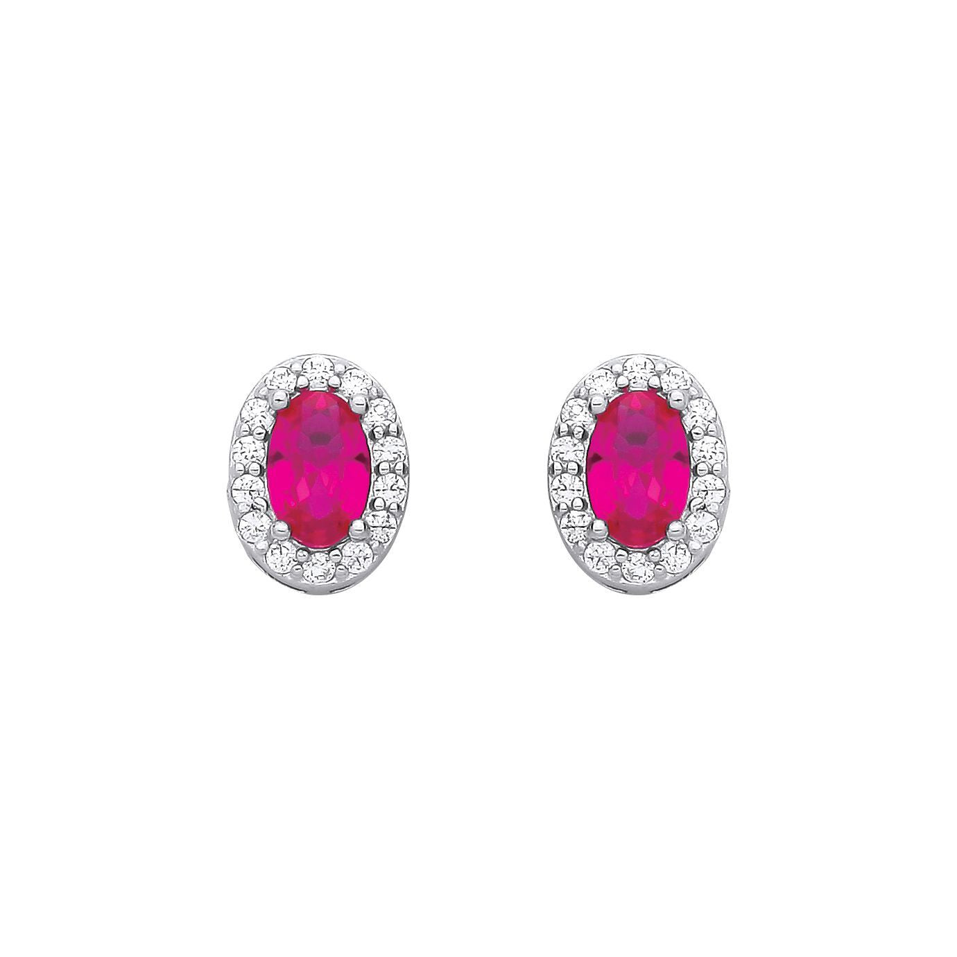 Silver  Red Oval CZ Oval Halo Royal Cluster Stud Earrings - EAG1334RU