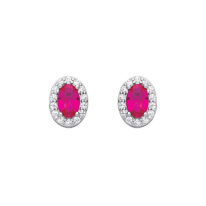 Silver  Red Oval CZ Oval Halo Royal Cluster Stud Earrings - EAG1334RU
