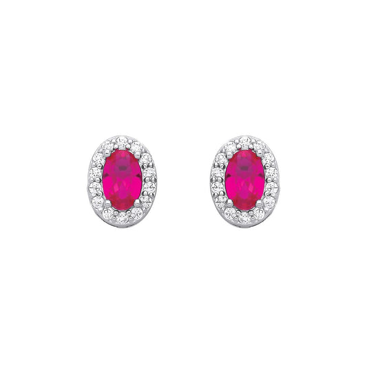 Silver  Red Oval CZ Oval Halo Royal Cluster Stud Earrings - EAG1334RU