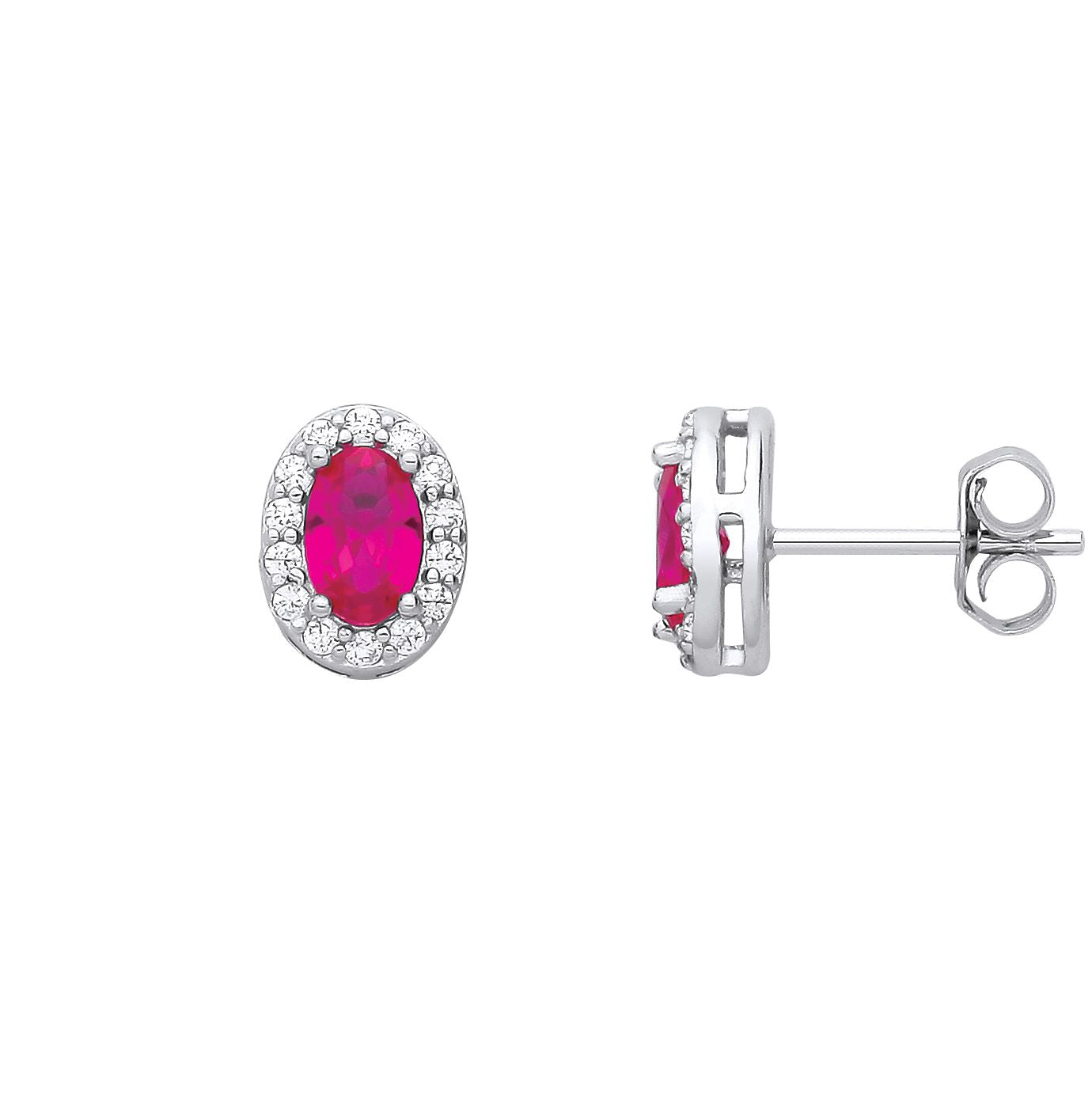 Sterling Silver CZ Oval CZ & Ruby Halo Stud Earrings - EAG1334RU