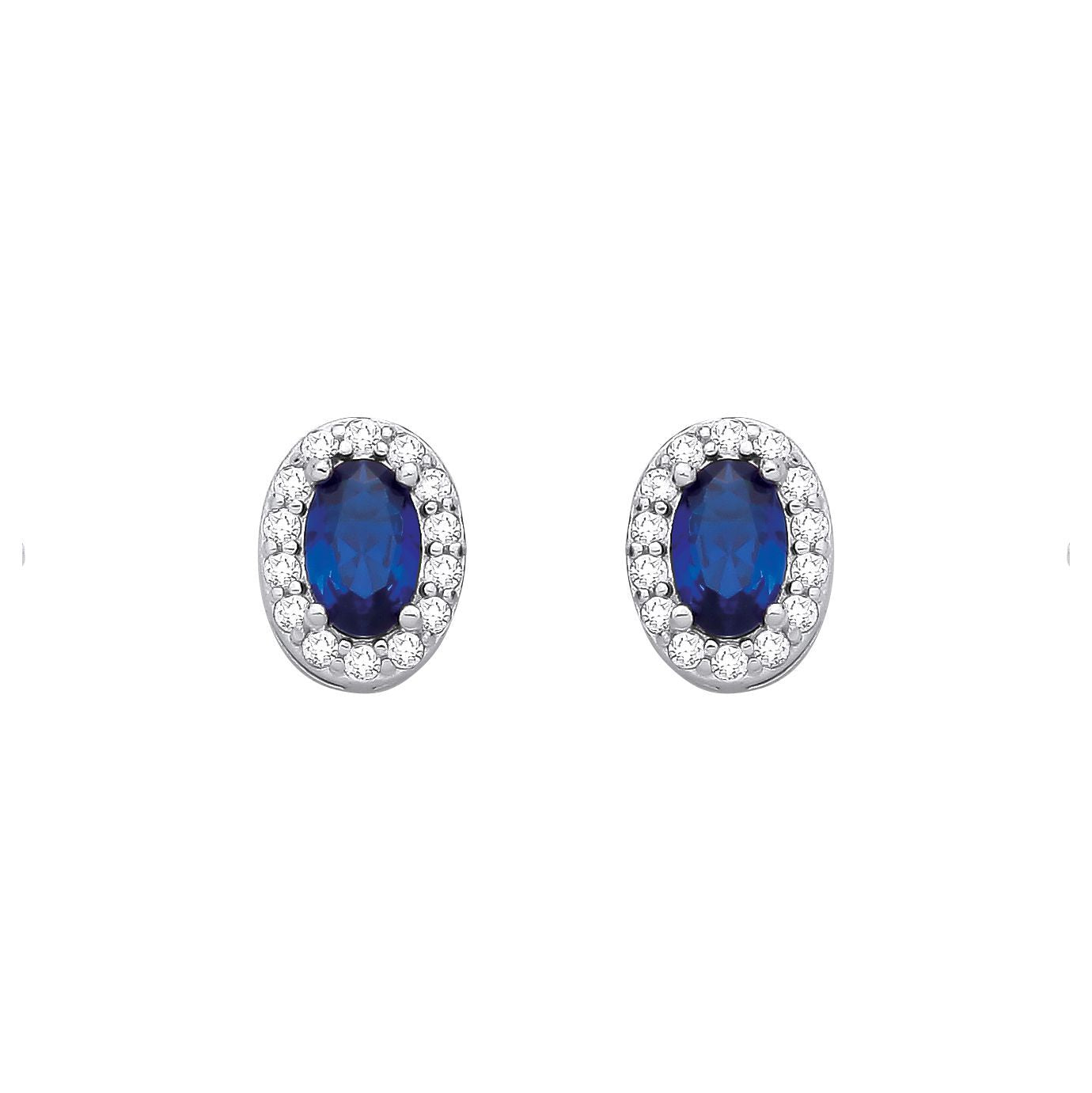 Silver  Blue Oval CZ Oval Halo Royal Cluster Stud Earrings - EAG1334SAP