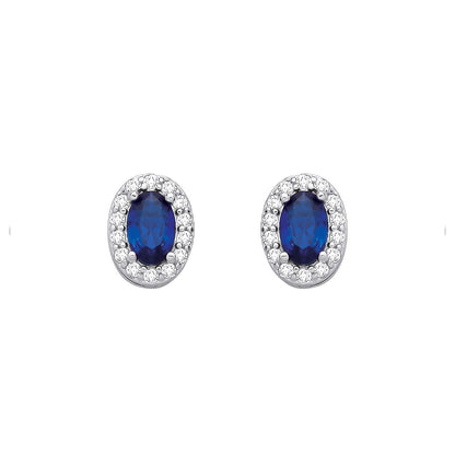 Silver  Blue Oval CZ Oval Halo Royal Cluster Stud Earrings - EAG1334SAP