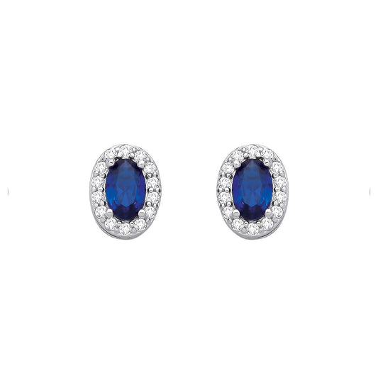 Silver  Blue Oval CZ Oval Halo Royal Cluster Stud Earrings - EAG1334SAP