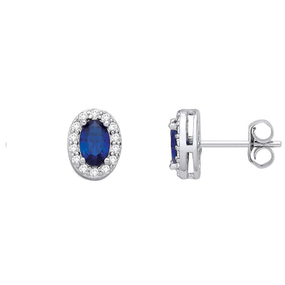 Silver  Blue Oval CZ Oval Halo Royal Cluster Stud Earrings - EAG1334SAP