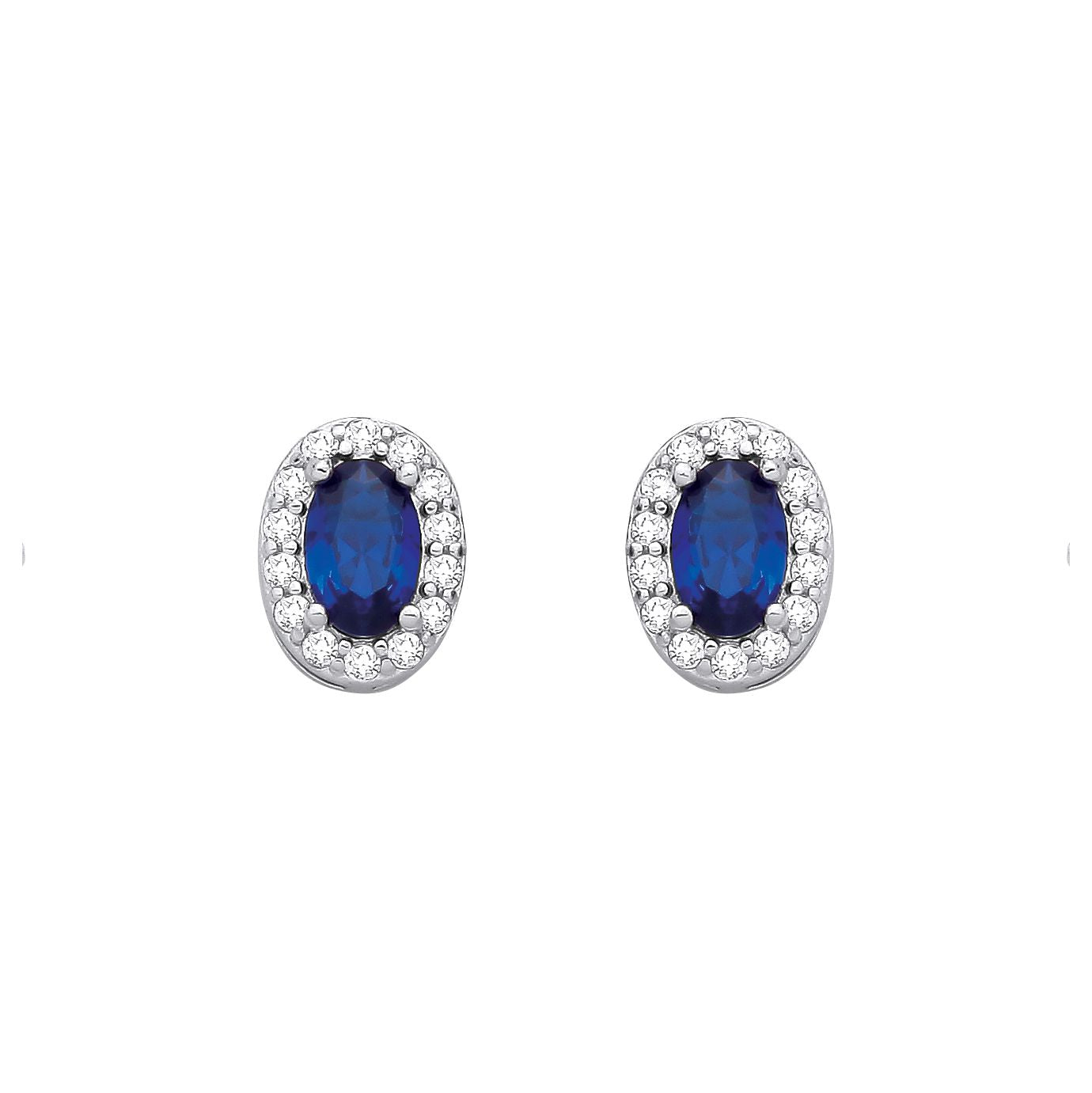 Sterling Silver CZ Oval CZ & Sapphire Halo Stud Earrings - EAG1334SAP
