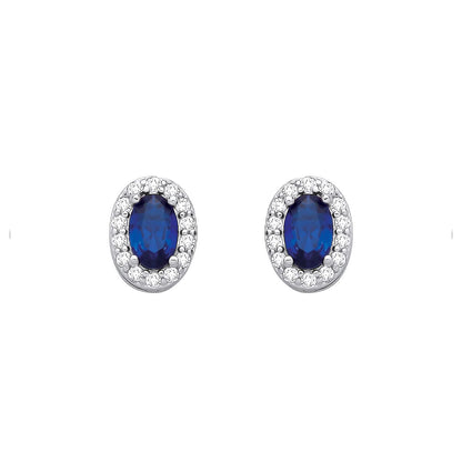 Sterling Silver CZ Oval CZ & Sapphire Halo Stud Earrings - EAG1334SAP