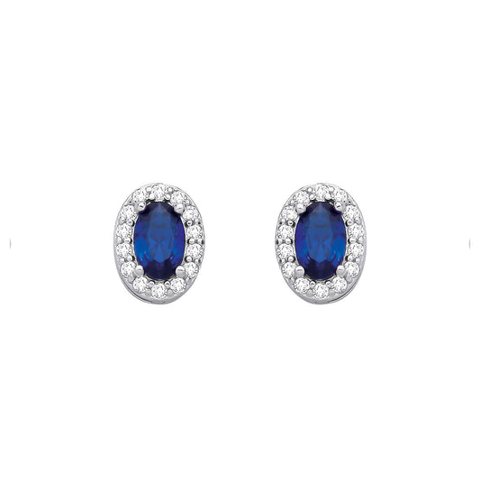 Sterling Silver CZ Oval CZ & Sapphire Halo Stud Earrings - EAG1334SAP