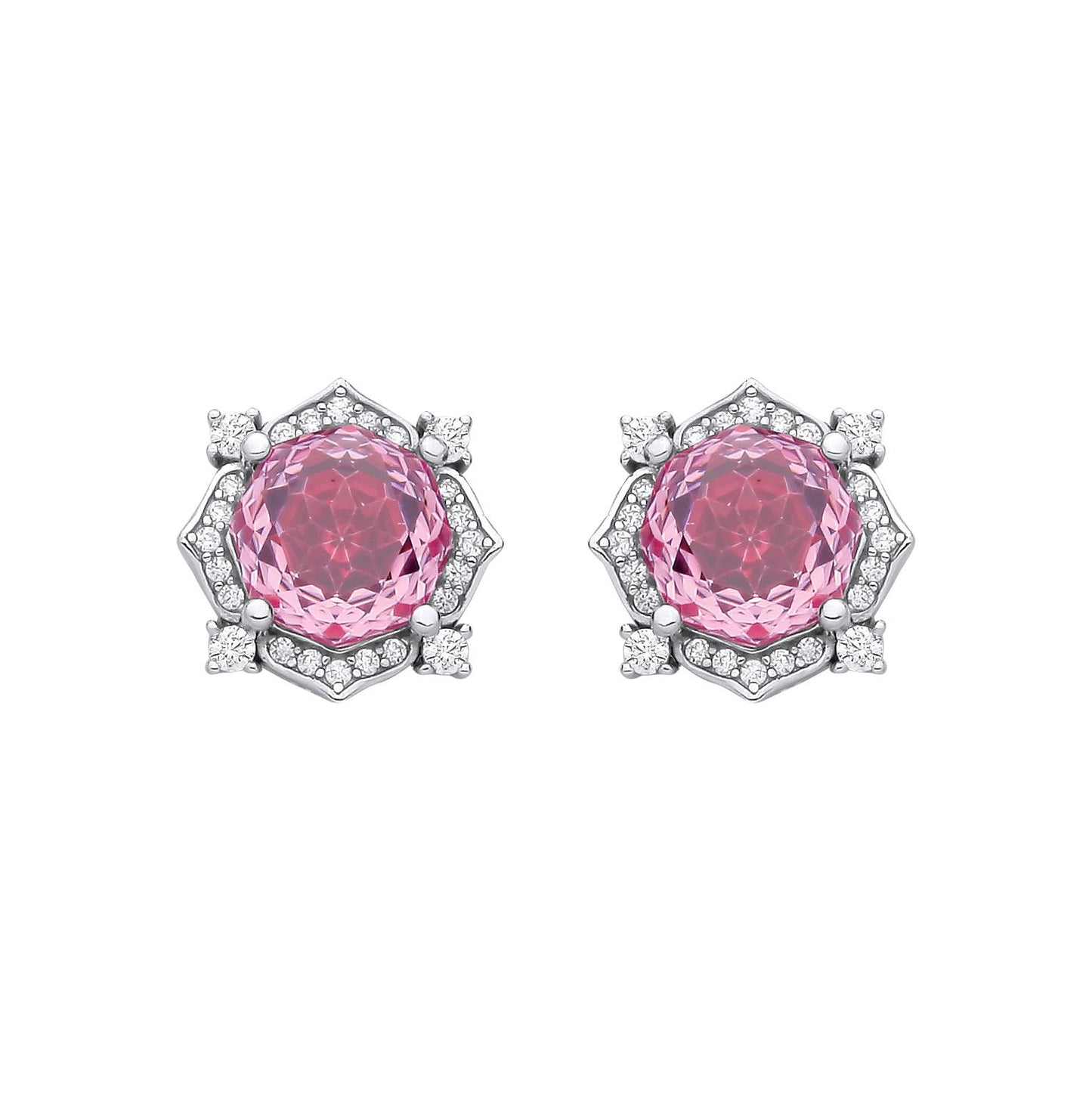Sterling Silver CZ Pink Accola Octagonal Rose Cut Stud Earrings - EAG1335PINK