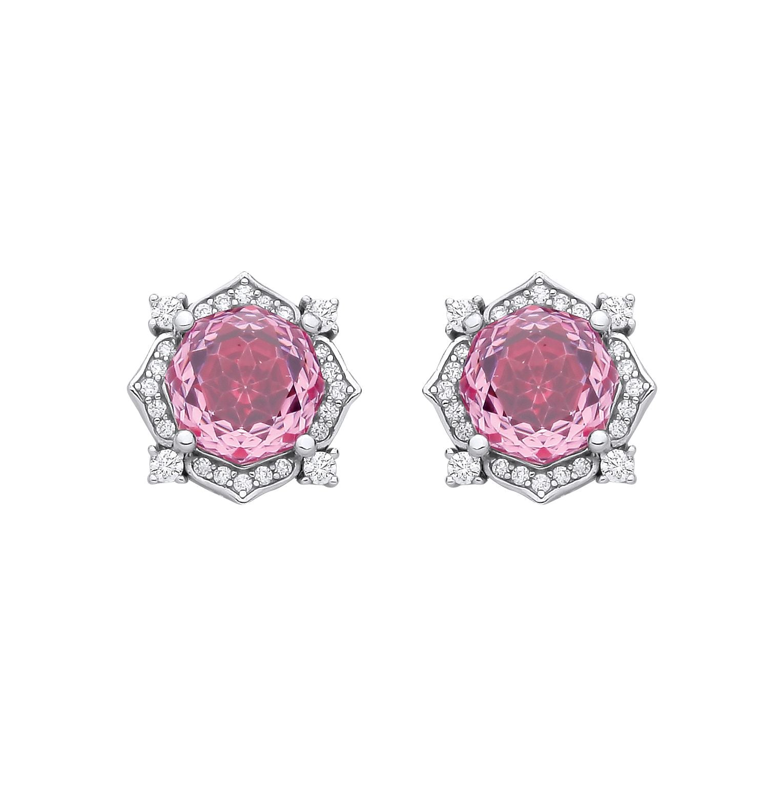 Sterling Silver CZ Pink Accola Octagonal Rose Cut Stud Earrings - EAG1335PINK