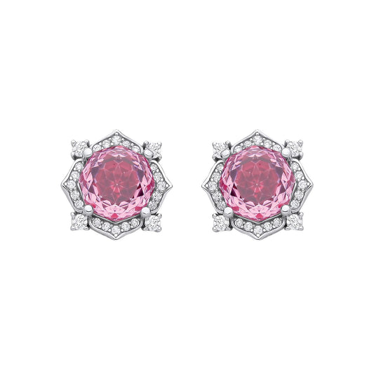 Sterling Silver CZ Pink Accola Octagonal Rose Cut Stud Earrings - EAG1335PINK