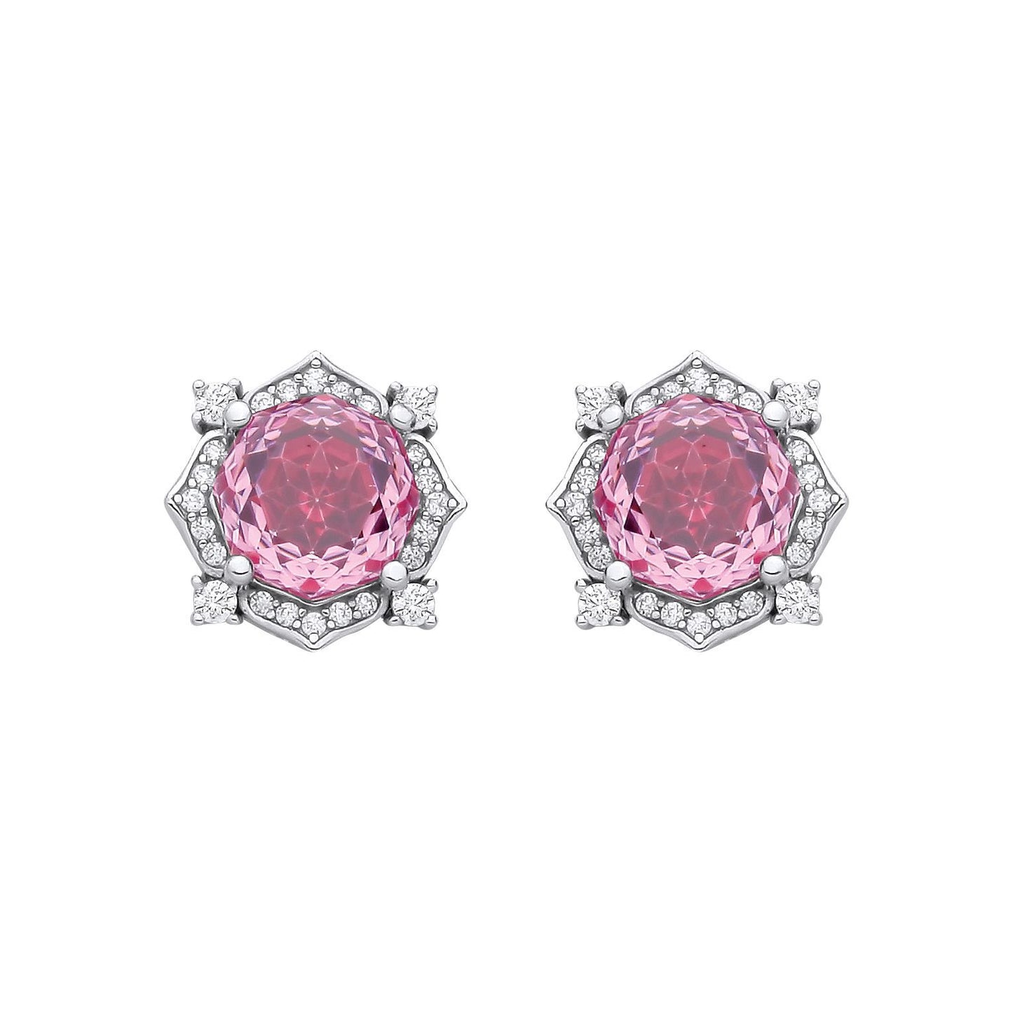 Silver  Pink Octagon CZ Quatrefoil Petal Rose-cut Drop Earrings - EAG1335PINK