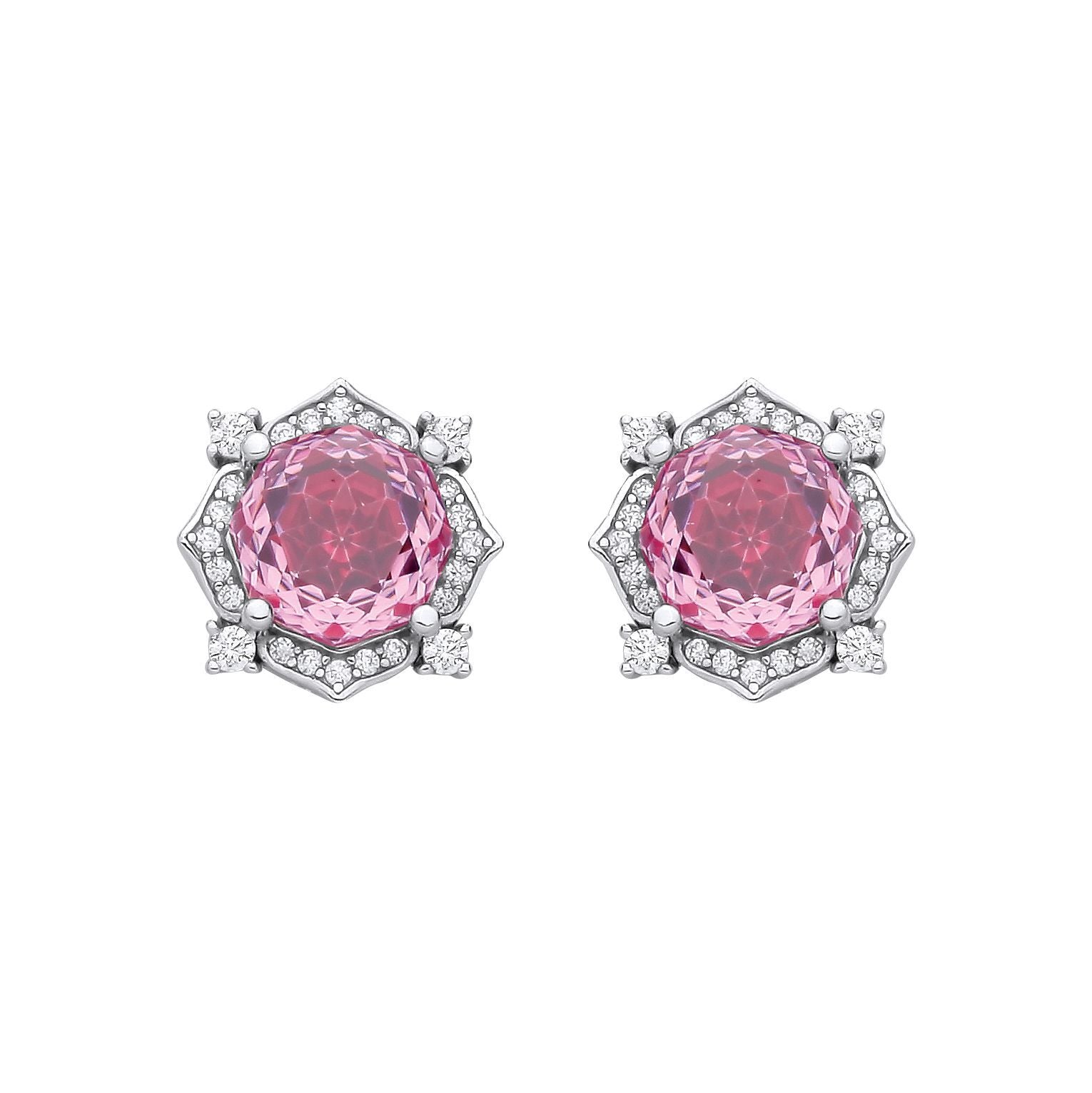 Silver  Pink Octagon CZ Quatrefoil Petal Rose-cut Drop Earrings - EAG1335PINK