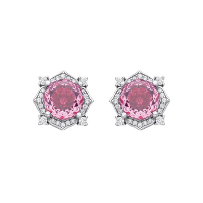 Silver  Pink Octagon CZ Quatrefoil Petal Rose-cut Drop Earrings - EAG1335PINK