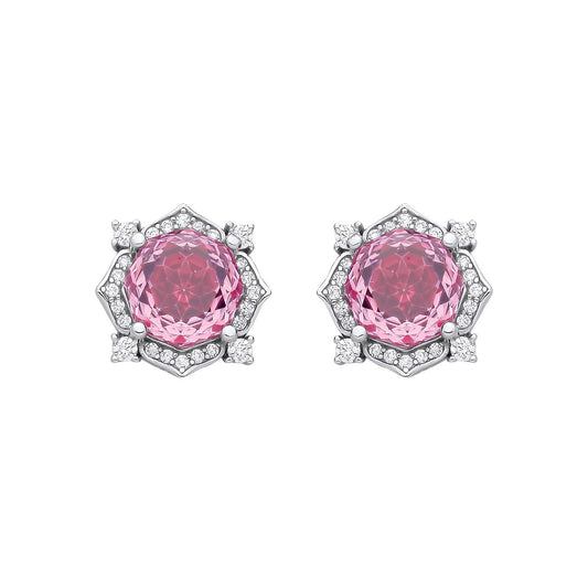 Silver  Pink Octagon CZ Quatrefoil Petal Rose-cut Drop Earrings - EAG1335PINK