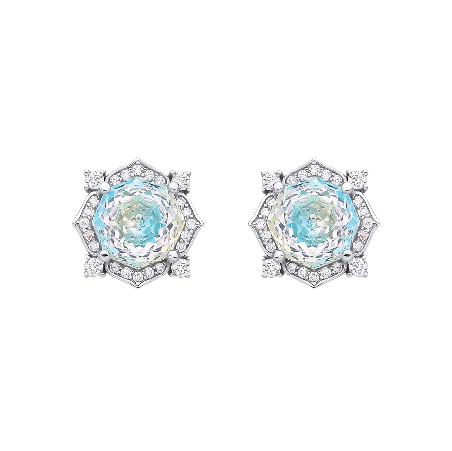 Sterling Silver CZ Paraiba Tourmaline Octagonal Rose Cut Stud Earrings - EAG1335PT