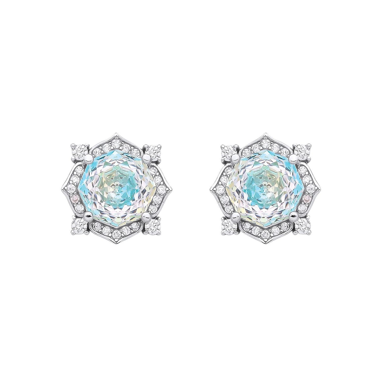 Silver  Blue Octagon CZ Quatrefoil Petal Rose-cut Drop Earrings - EAG1335PT