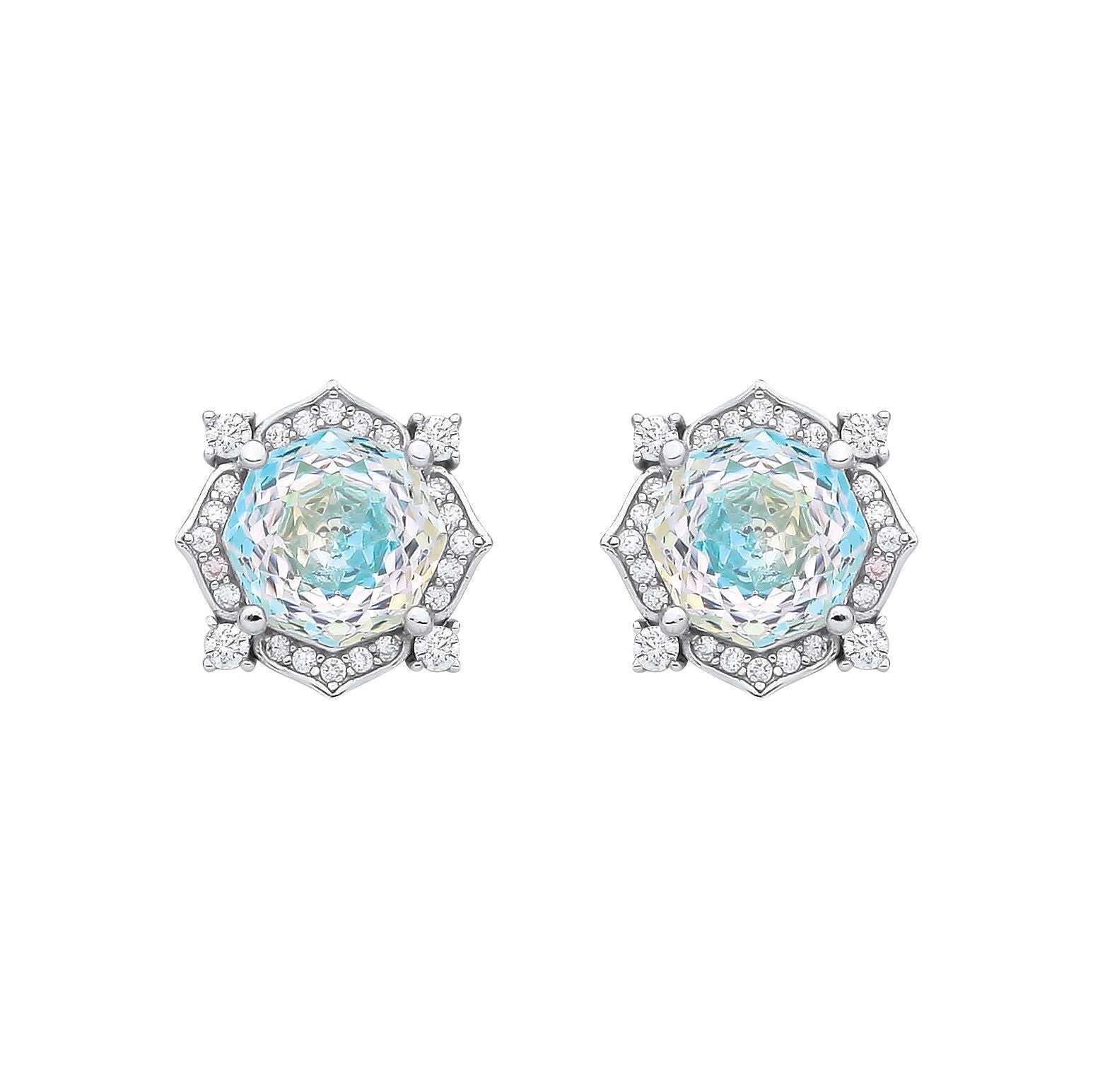 Silver  Blue Octagon CZ Quatrefoil Petal Rose-cut Drop Earrings - EAG1335PT
