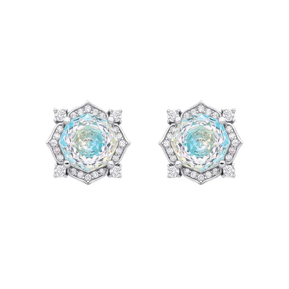 Silver  Blue Octagon CZ Quatrefoil Petal Rose-cut Drop Earrings - EAG1335PT