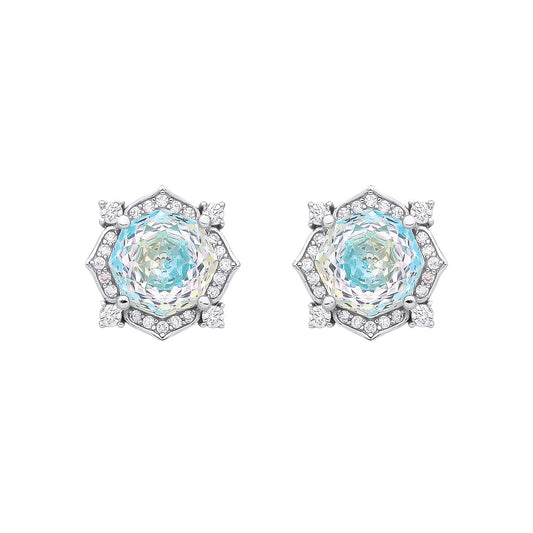 Silver  Blue Octagon CZ Quatrefoil Petal Rose-cut Drop Earrings - EAG1335PT