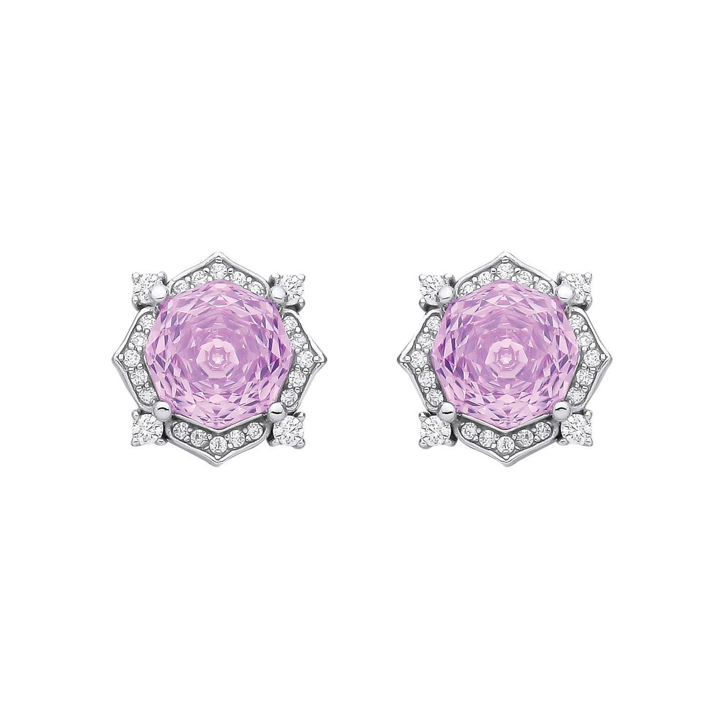 Silver  Lilac Octagon CZ Quatrefoil Petal Rose-cut Drop Earrings - EAG1335PUR