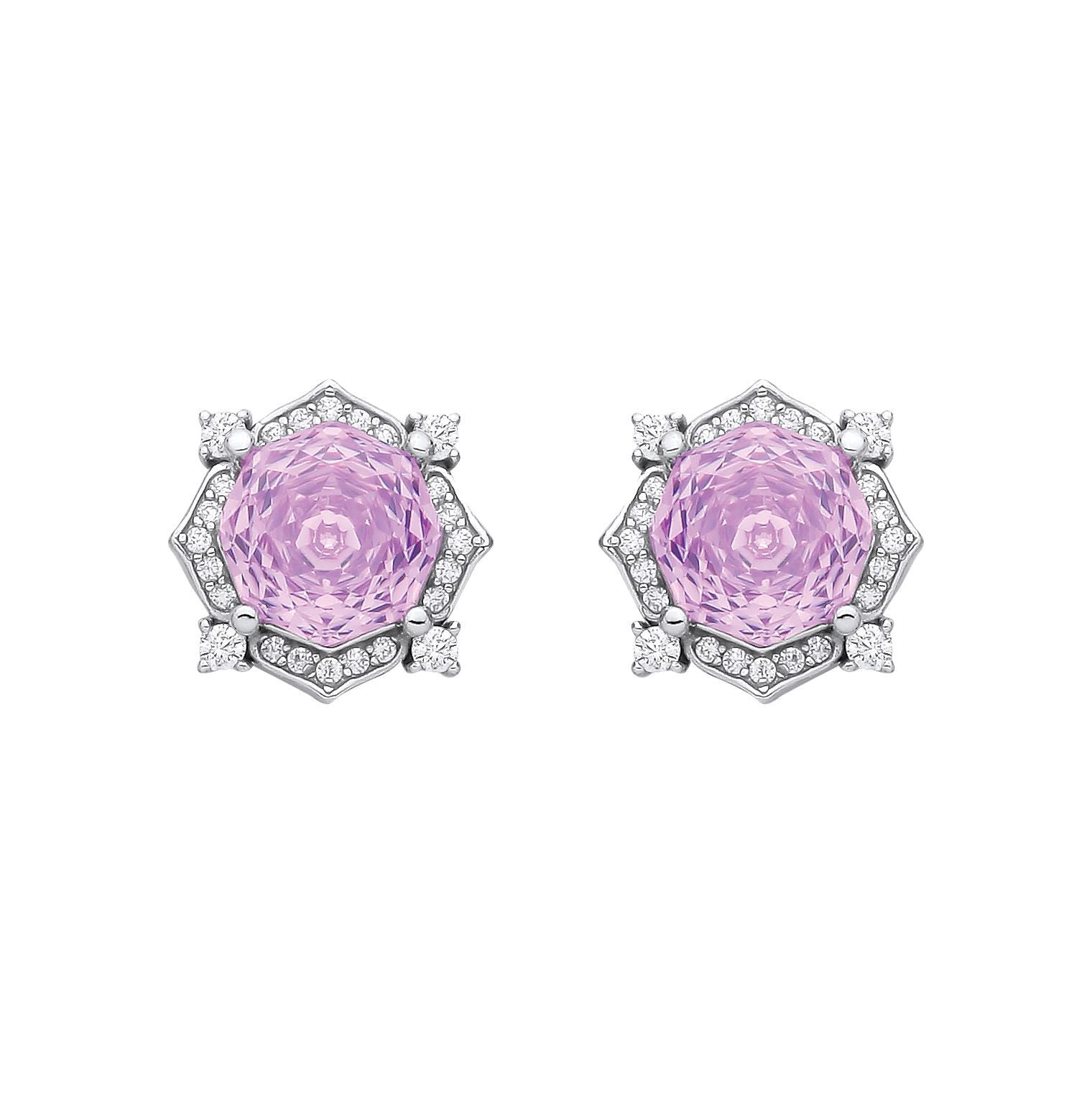 Silver  Lilac Octagon CZ Quatrefoil Petal Rose-cut Drop Earrings - EAG1335PUR