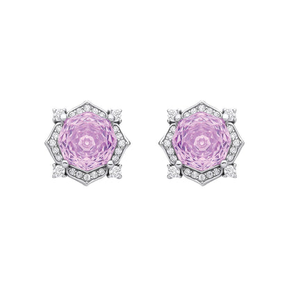 Silver  Lilac Octagon CZ Quatrefoil Petal Rose-cut Drop Earrings - EAG1335PUR