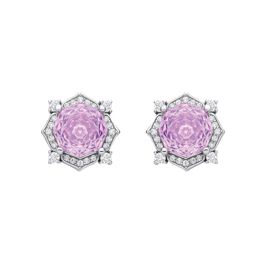 Silver  Lilac Octagon CZ Quatrefoil Petal Rose-cut Drop Earrings - EAG1335PUR