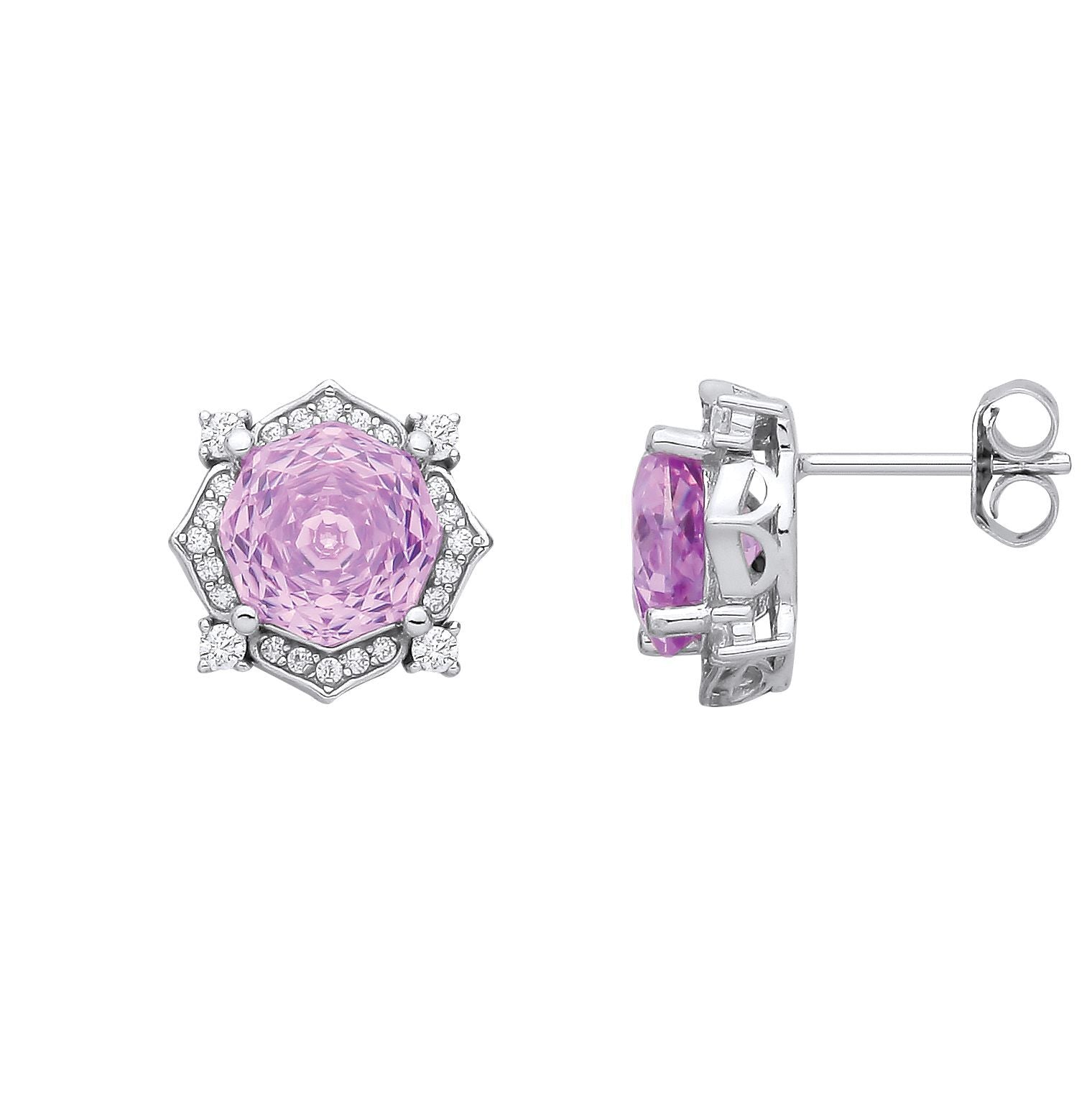 Silver  Lilac Octagon CZ Quatrefoil Petal Rose-cut Drop Earrings - EAG1335PUR