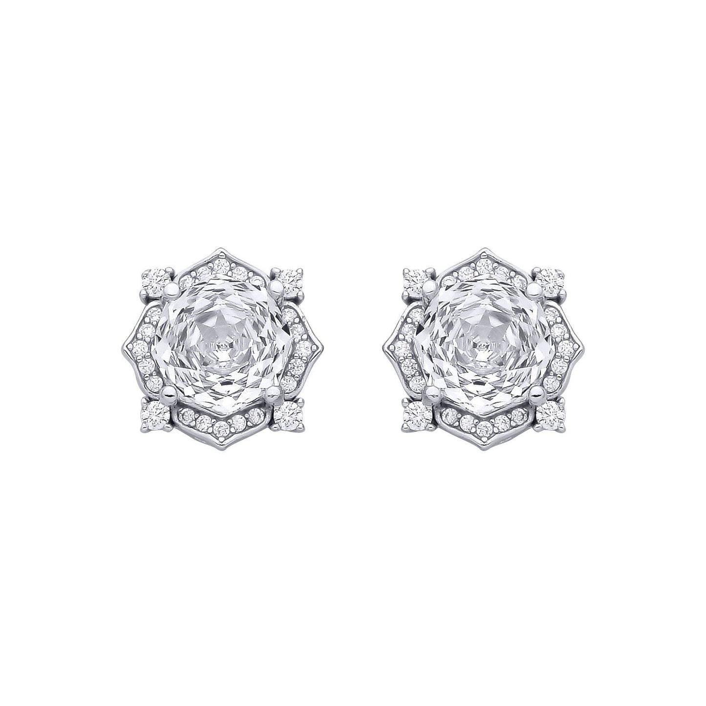 Silver  Octagon CZ Quatrefoil Petal Rose-cut Drop Earrings - EAG1335WH