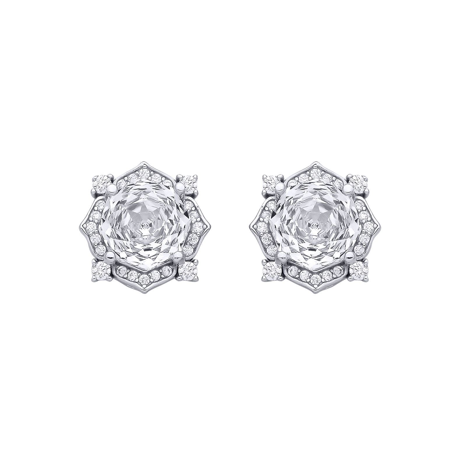 Silver  Octagon CZ Quatrefoil Petal Rose-cut Drop Earrings - EAG1335WH