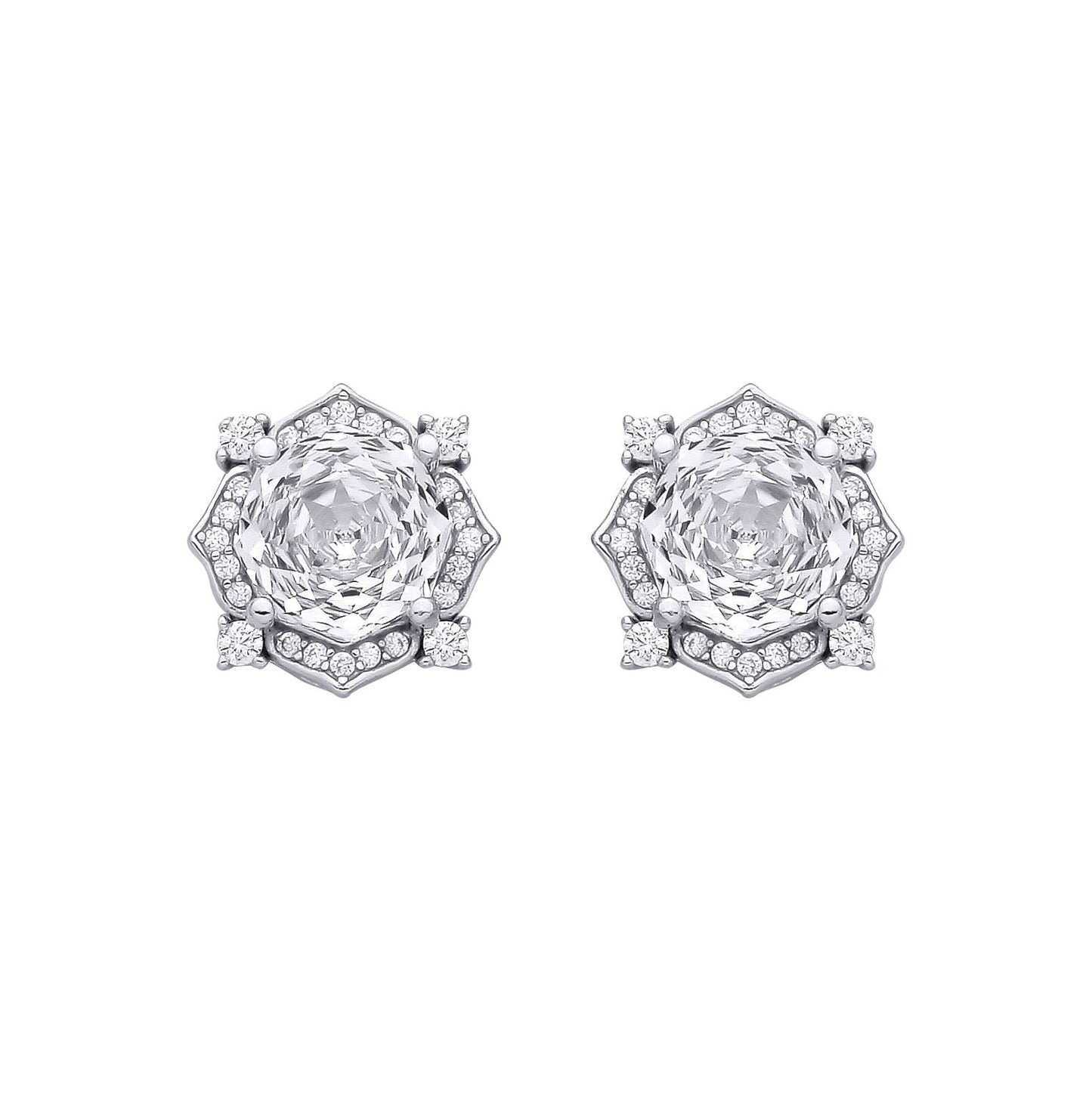 Sterling Silver CZ White Octagonal Rose Cut Stud Earrings - EAG1335WH