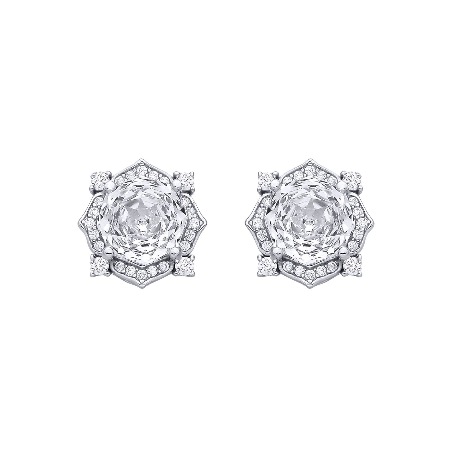 Sterling Silver CZ White Octagonal Rose Cut Stud Earrings - EAG1335WH