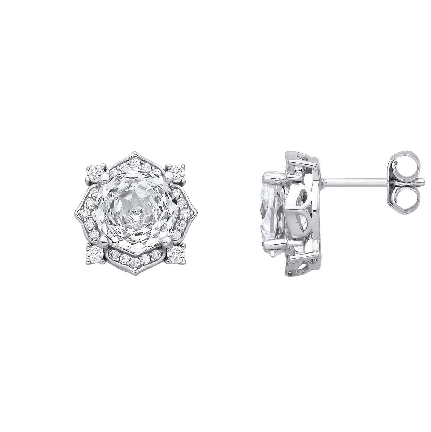 Sterling Silver CZ White Octagonal Rose Cut Stud Earrings - EAG1335WH
