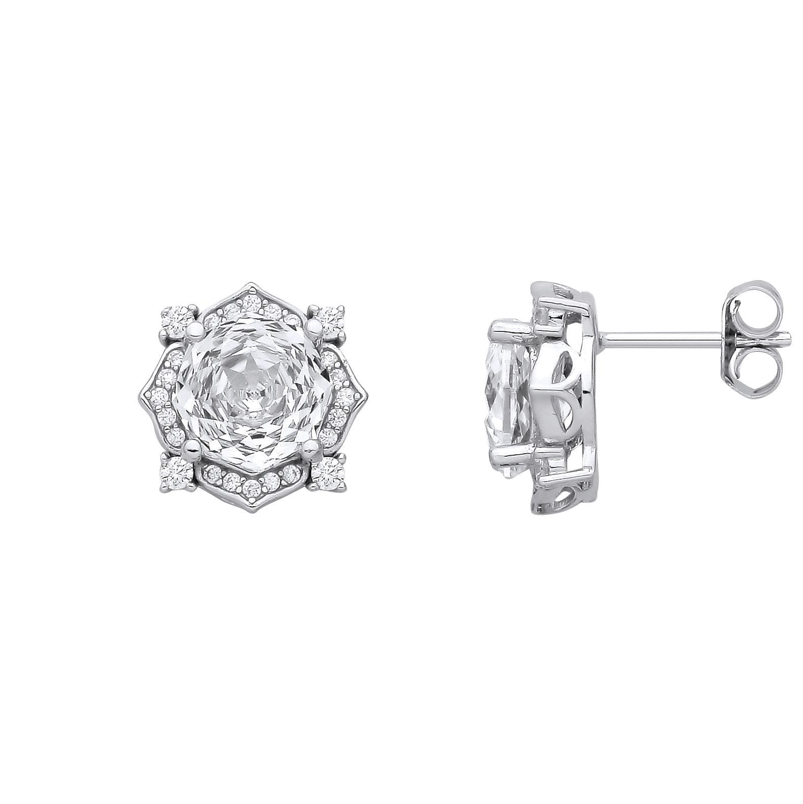Silver  Octagon CZ Quatrefoil Petal Rose-cut Drop Earrings - EAG1335WH