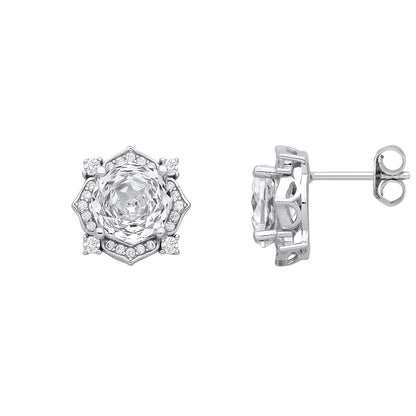 Silver  Octagon CZ Quatrefoil Petal Rose-cut Drop Earrings - EAG1335WH
