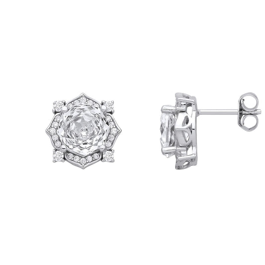 Silver  Octagon CZ Quatrefoil Petal Rose-cut Drop Earrings - EAG1335WH
