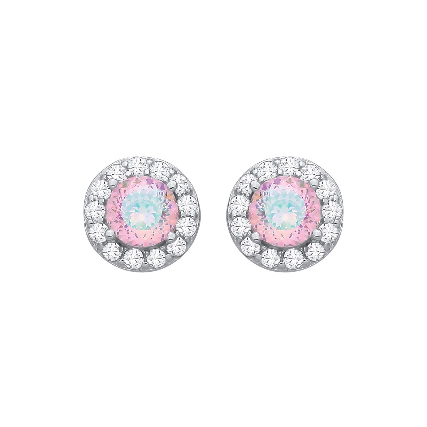 Silver CZ Pink With Green Birds Nest Cut Round Stud Earrings - EAG1336PINK