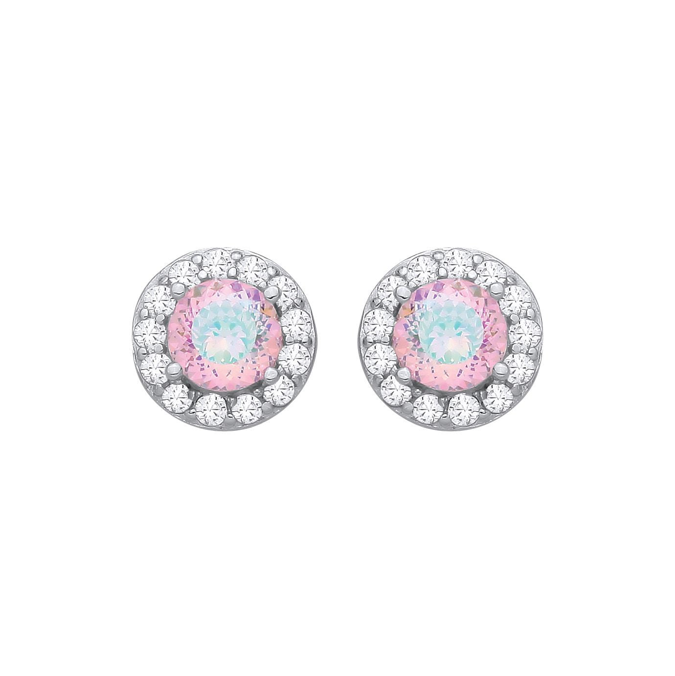 Silver  Rainbow CZ Round Halo Birds Nest Solitaire Stud Earrings - EAG1336PINK