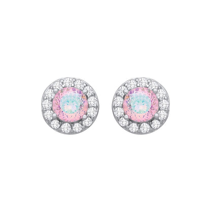 Silver  Rainbow CZ Round Halo Birds Nest Solitaire Stud Earrings - EAG1336PINK