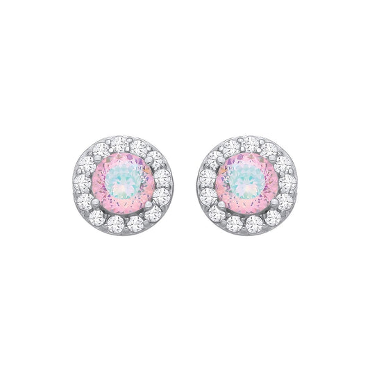 Silver  Rainbow CZ Round Halo Birds Nest Solitaire Stud Earrings - EAG1336PINK