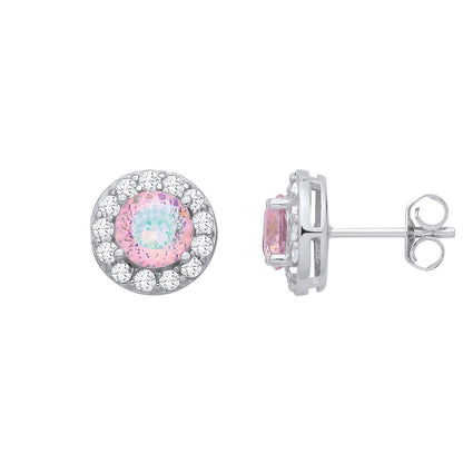 Silver  Rainbow CZ Round Halo Birds Nest Solitaire Stud Earrings - EAG1336PINK