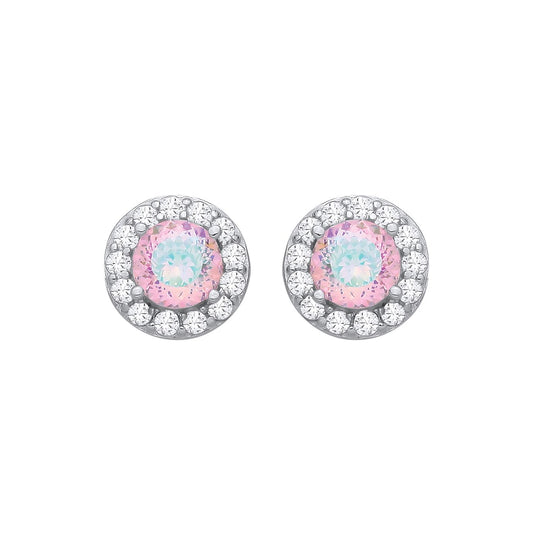 Silver CZ Pink With Green Birds Nest Cut Round Stud Earrings - EAG1336PINK