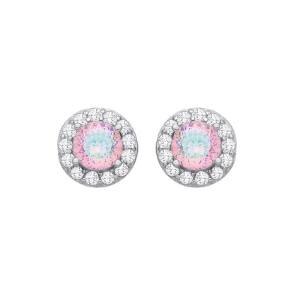 Sterling Silver CZ Pink With Green Birds Nest Cut Round Stud Earrings - EAG1336PINK