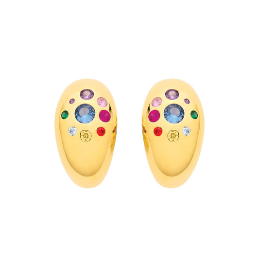 Gold Plated Silver Multi Coloured CZ Domed Half Hoop Earrings - EAG1340