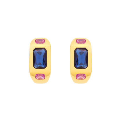 Gold Plated Silver CZ Rose & Sapphire Huggie Hoop Earrings - EAG1341